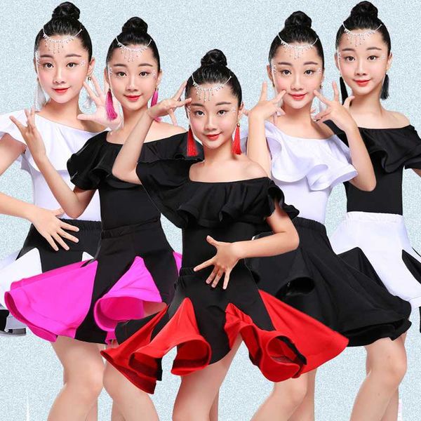 

stage wear 2021 kids dresses for girls latin ballroom dance dress competition short sleeve performance costumes practice, Black;red