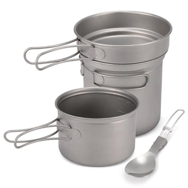 

4pcs titanium camping cookware set 1000ml pot pan spoon set for outdoor hiking backpacking picnic cooking equipment tableware