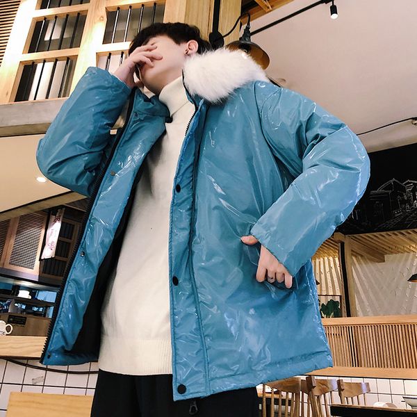

winter new jacket men warm thick fashion solid color casual fur collar hooded coat man streetwear wild loose cotton male clothes, Black