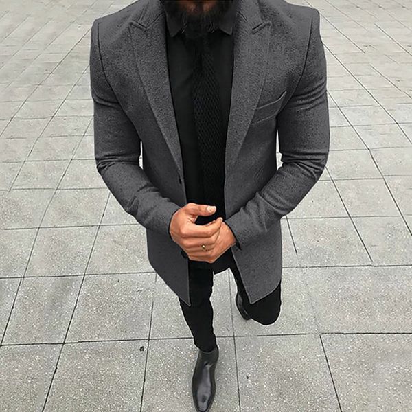 

plus size suit jacket trench coat mens fashion solid winter slim button long sleeve man casual office turn down, White;black