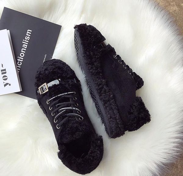 

women's 2019 new wild net red thick bottom plus velvet beanie shoes fashion lamb wool cotton scoop shoes, Black