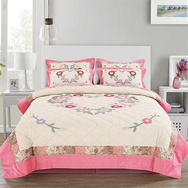 

quality applique cotton bedspread quilt set 3pcs/2pcs embroidered quilts quilted bed covers queen twin size coverlet blanket