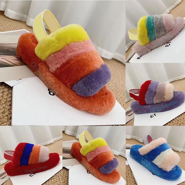 

new women furry slippers fur slides fluff sandale luxury designer platform wedges heels sandals slipper slide flip flops sandal hausschuhe b, Black