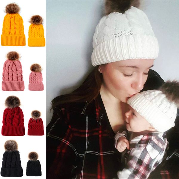 

9 colors parent-child knitted hats 2 pcs winter warm fur pom hats baby mom pom pom beanie ski cap knitted caps dhl jy683, Yellow