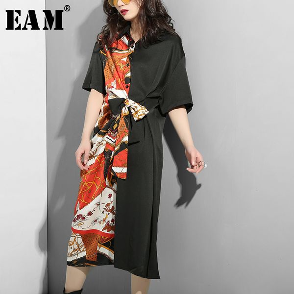 

eam] 2020 new spring summer lapel half sleeve half side pattern printed waist bandage big size dress women fashion tide js320, Black;gray