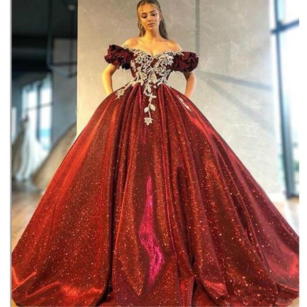 

glitter ball gown evening dresses burgundy sequined appliqued off shoulder sweep train formal party gowns long prom dress robes de soiree, Black;red