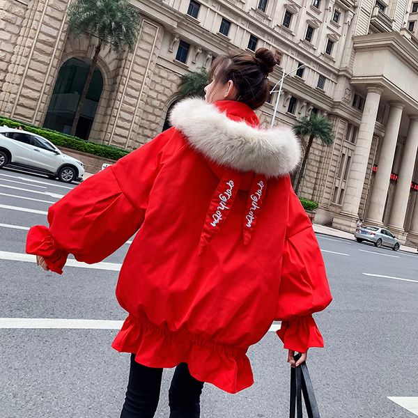 

ewq] 2019 autumn winter new full sleeve hooded thick red down parkakorea style plus size ruffled cotton-padded coats ql947, Black