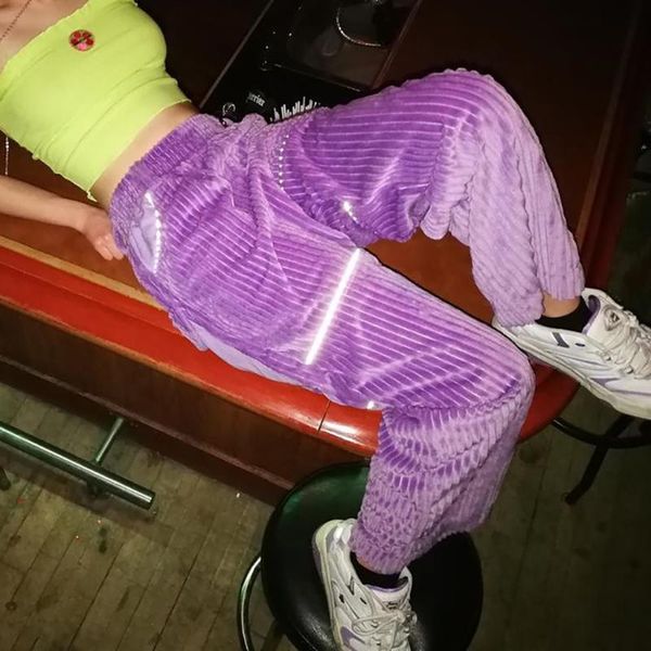 

womens reflective pants streetwear corduroy trousers women plus size autumn womens pants high waisted spodnie damskie #3, Black;white