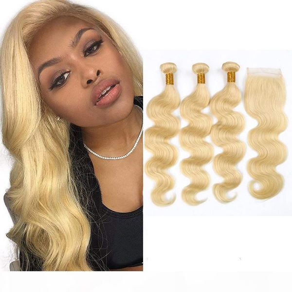 

перуанский human hair 613 # blonde body wave пучки с 4x4 шнурком закрытия 4pieces много средних свободные три шнурка закрытия части с 3 связ, Black;brown