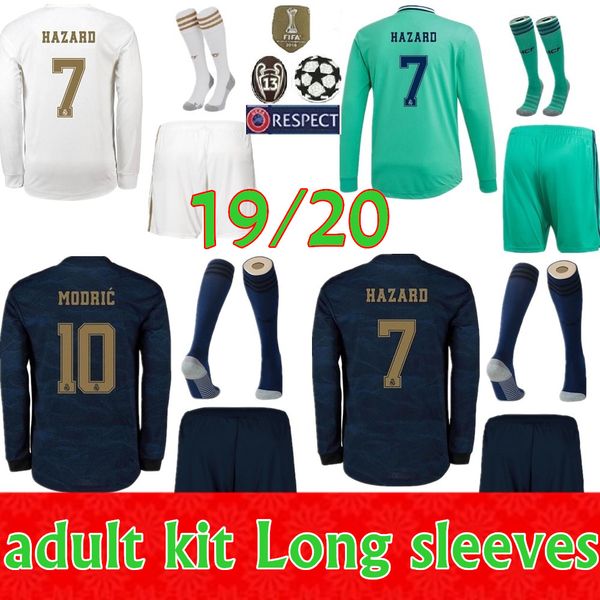 

2019 2020 real madrid kit long leeve occer jer ey 19 20 home away 3rd hazard men modric ergio ramo kit football hirt, Black;red