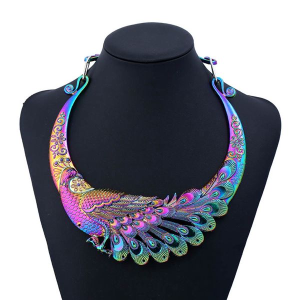 

statement necklace 2019 retro carved peacock collar choker necklace collier femme women bohemian ethnic vintage animal chocker, Silver