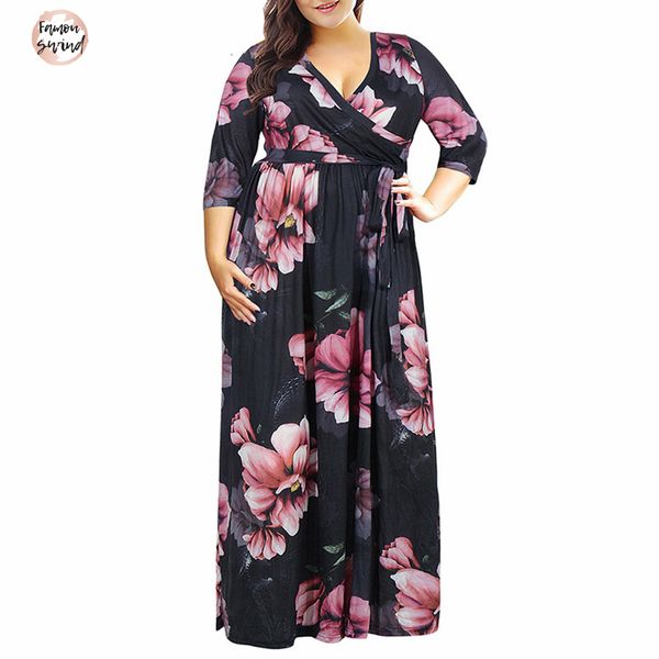 

8xl платье женщин элегантный v шеи с коротким рукавом 50s повседневный плюс размер 7xl 2019 цветочные печати партии длинные платья макси, Black;gray