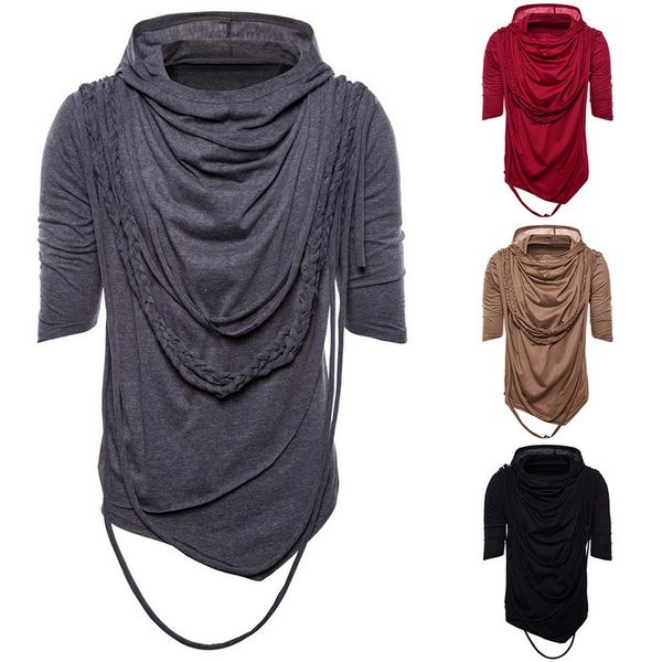 

vintage gothic sweatshirt short sleeve men tassel irregular design punk rock hip hop pullovers dj streetwear men hooded tee, Black