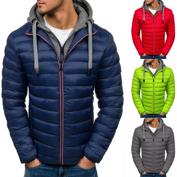 

winter men warm hooded parkas 2019 fashion patchwork cotton padded jackets male slim fit windbreaker coats men brand clothing, Black