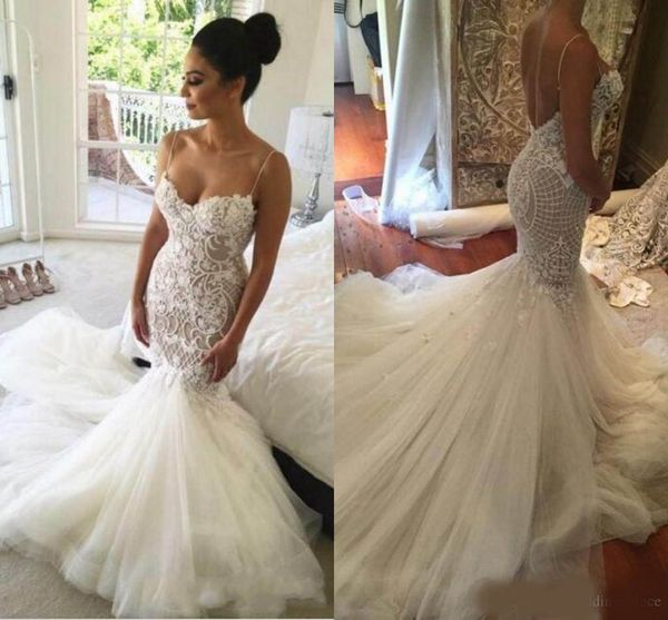 

sweep train mermaid wedding dresses saudi arabic plus size sweetheart lace spaghetti straps bridal gowns vestios de novia, White