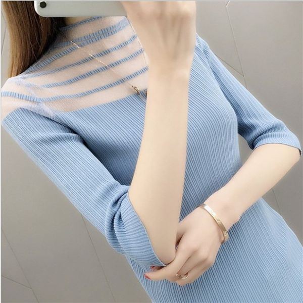 

super fire cec ice silk knitted base 2019 collar half t-shirt lace lace sleeve t-shirt female student top, White