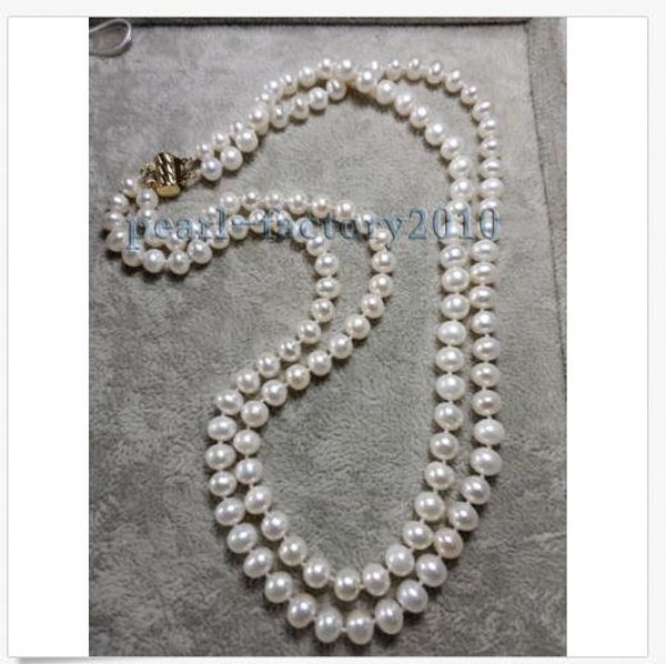 

17-18" 7-8 mm south sea natural white pearl necklace 14k gold clasp 2row, Silver