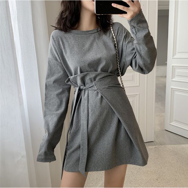 

ewq] 2020 spring new minimalist long sleeve o-neck women t shirt loose pullover high waist bandage skirt 2 piece set qz859, White