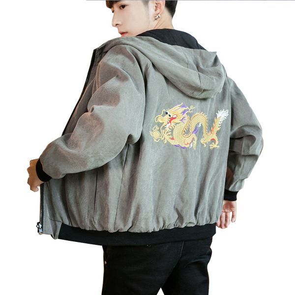 

chinese dragon embroidery hooded jackets men 2019 casual two sides wear coats jackets men hip hop streetwear plus size 5xl ws500, Black;brown