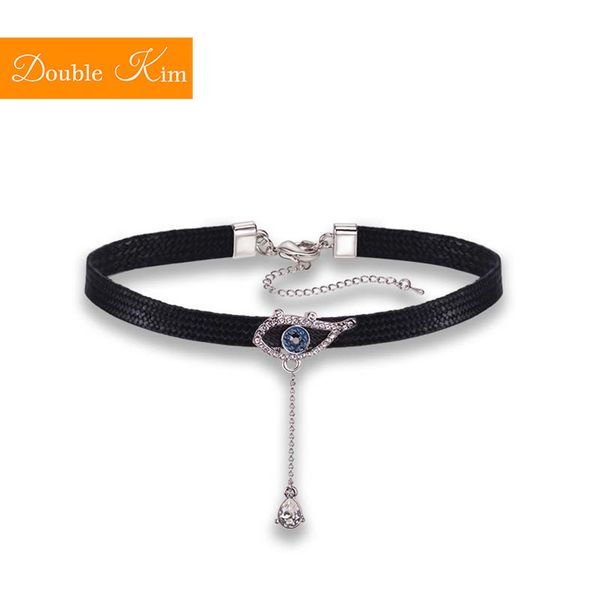

eye of the demon choker titanium stainless steel leather strap zircon european usa fashion trendy women jewelry gift, Silver