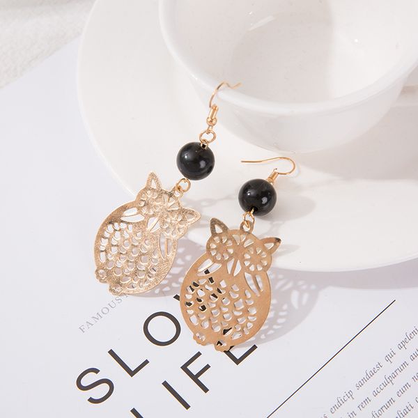 

макси творческий мода тенденция темперамент серьги сова полые черные бусины серьги для шикарных девушек, Silver