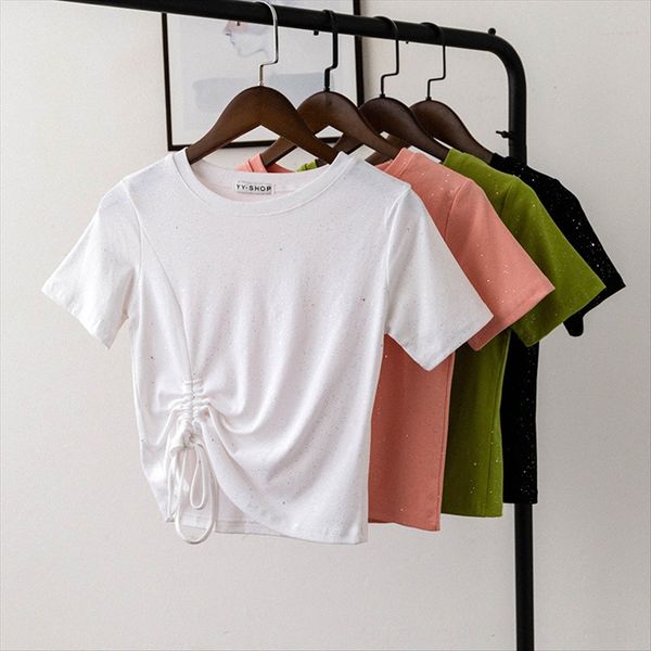 

bizheng] drawstring short-sleeved t-shirt female 2020 slim t-shirt jacket short jacket round collar sequins gold-sprinkled short 3187, White