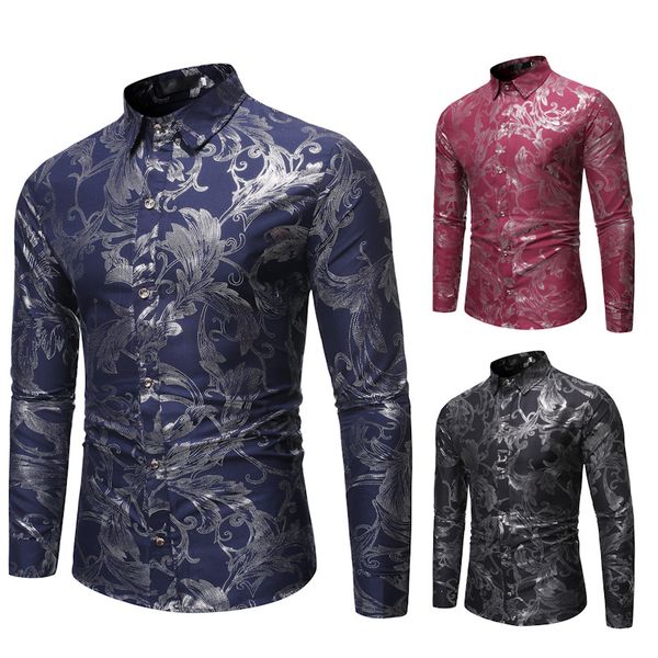 

men's casual shirt slim fit men's casual button down shirt long sleeve formal dress shirts men male clothing lapel flower, White;black