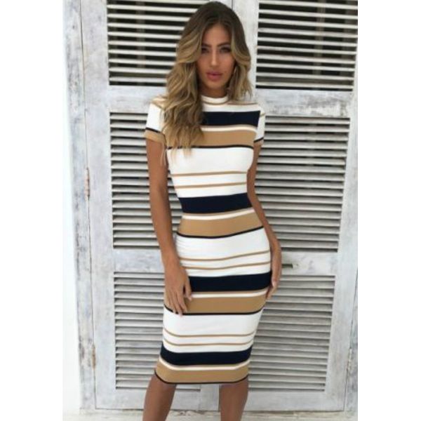 

Women Summer Stripe Bodycon Dress Vestidos Short Sleeve Ladies Knee Length Dress Plain Jersey Stretch Basic Dress