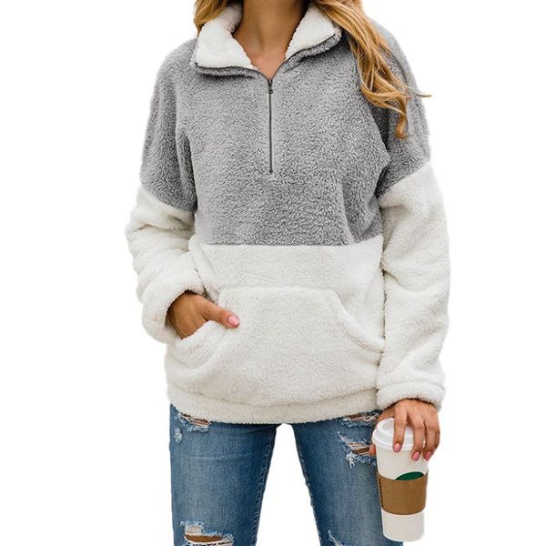 

женская осень зима вскользь удобная мягкая wild все матча zip карманный цвет сшивание высокий воротник теплый sweatershirt, Black