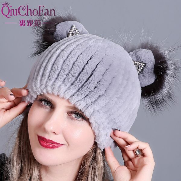 

natural fur hats for women cute cat ear thick winter hat female fashion fur with rhinestones 2018 knitted beanies, Blue;gray