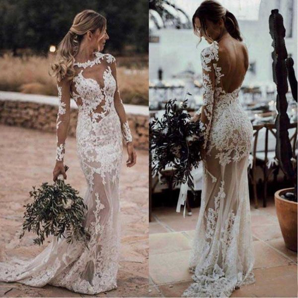 

2019 Sexy Beach Long Sleeves Mermaid Wedding Dresses Illusion Neck Open Back Applique Lace Plus Size Bohemian Bridal Gowns
