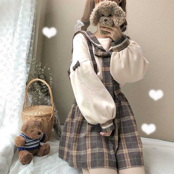 

spring 2020 women's japanese sweet student sweater+high waist plaid skirt+casual bib fashion preppy style set, White