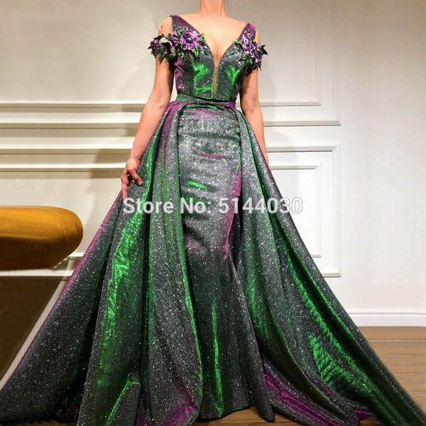 

saudi arabia shiny mermaid evening dresses 2019 dubai sleeveless v neck floor length detachable skirt party gowns for women, White;black