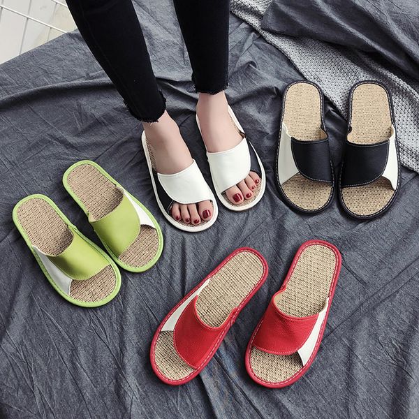 

japan style summer couple's indoor slipper genuine leather linen soft and comfortable house slippers anti-slip home shoes, Black