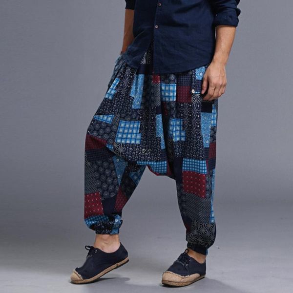 

men's linen cotton pants harem tapered thin hippie boho casual baggy trousers new summer cool streetwear clothes male, Black