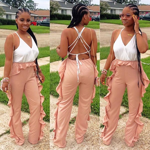 

summer women multi color patchwork sleeveless spaghetti strap v-neck ruffles straight ankle-length jumpsuits lsdfs8394, Black;white