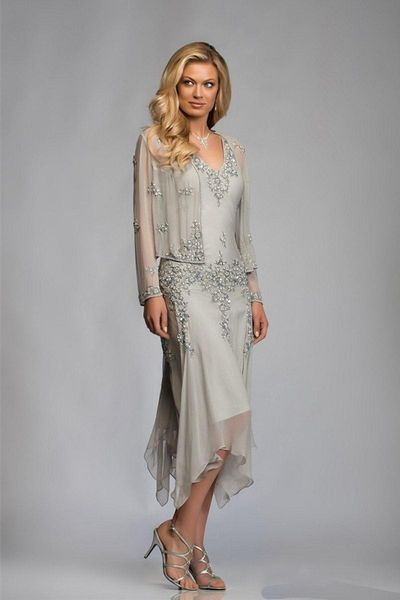 

2019 New Two Pieces Mother of the Bride Dresses with Coat Long Sleeve Tea-Length Evening Dresses Wedding Guest Gowns Cheap Plus Size