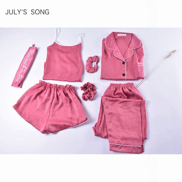 

july's song 7 pieces pajamas set women autumn winter mulberry sleepwear casual women silk pajama sets pink nightwear sling, Black;red