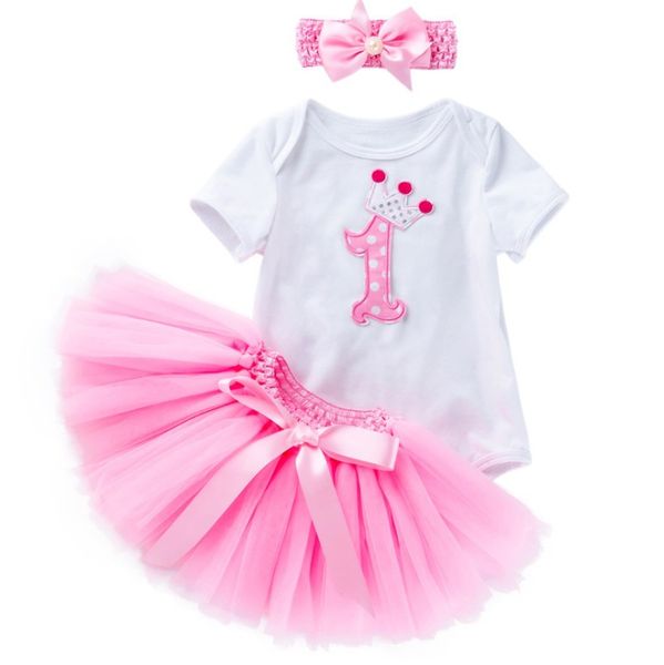 Il compleanno delle neonate appena nate veste i bambini neonati rosa corona di fiori 1 2 romers + gonne con volant tutù + fascia 3 pezzi set di abbigliamento per bambini abiti