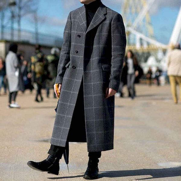 

plaid wool blends men plus size gray office causal single breasted long overcoat european fashion retro men's winter coat 4xl, Black