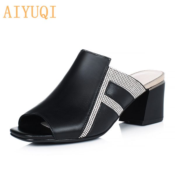 

aiyuqi womens slides 2020 new genuine leather women summer slides fashion women slippers mid heel rhinestones, Black