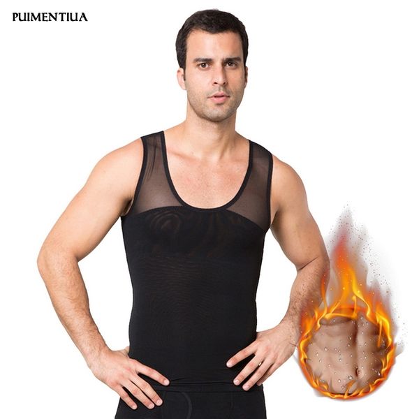 

puimentiua 2019 men compression shirt chest slimming body shaper undershirt grenadine perspective sports quick dry tank top, White;black