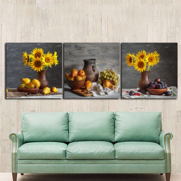 

3pcs still life sunflowers paintings for the kitchen fruit wall decor modern canvas art wall pictures for living room no frame