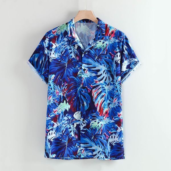 

fashion men's shirt camisa summer hawaiian short sleeve shirt turn-down collar leaf print male blouse camisa masculina, White;black