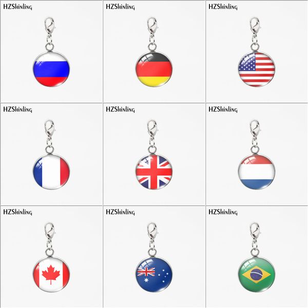 

custom new trendy country flag usa russia round glass pendants stainless steel round charms detachable necklace or keychain, Bronze;silver
