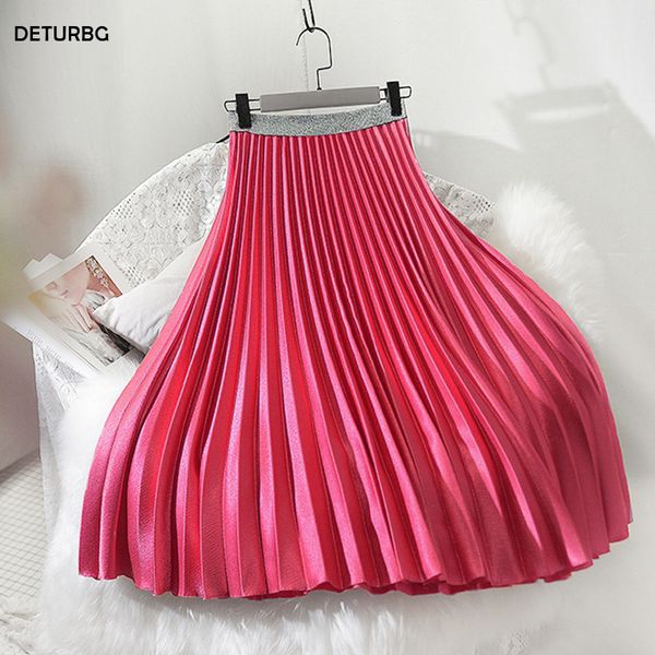 

women's fashion pleated metallic midi skirt female korean streetwear high waist velour pink chic skirts saias 2019 autumn sk285, Black