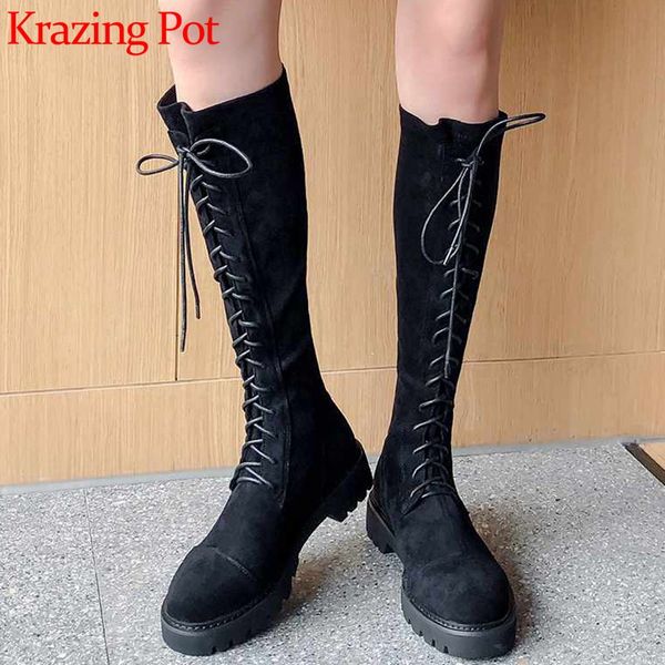 

krazing pot winter basic lace up solid cow leather stretch boots round toe med heels women punk fashion thigh high boots l52, Black