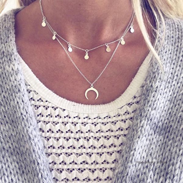 

Simple Moon Round Pendant Clavicle Necklace Women Silver Double Layer Necklace Exquisite Party Birthday Jewelry