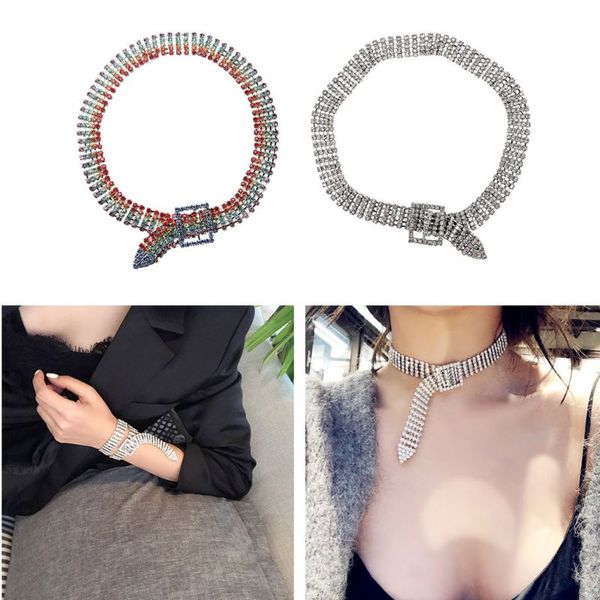 

full rhinestone tie belt buckle chokers necklaces for women statement jewelry 517f, Silver
