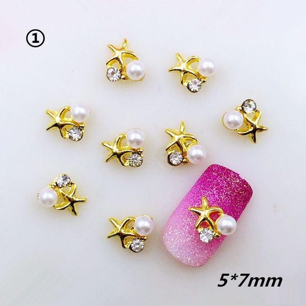 

10pcs/pack japan alloy nail art 3d gold starfish with rhinestone pearl metal accessories for ptherapy nail sticker diy, Silver;gold